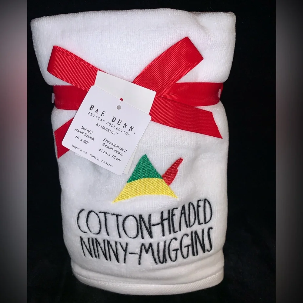 Rae Dunn Elf “Cotton Headed Ninny Muggins” Hand Towel Set of 2 NEW w/Tags